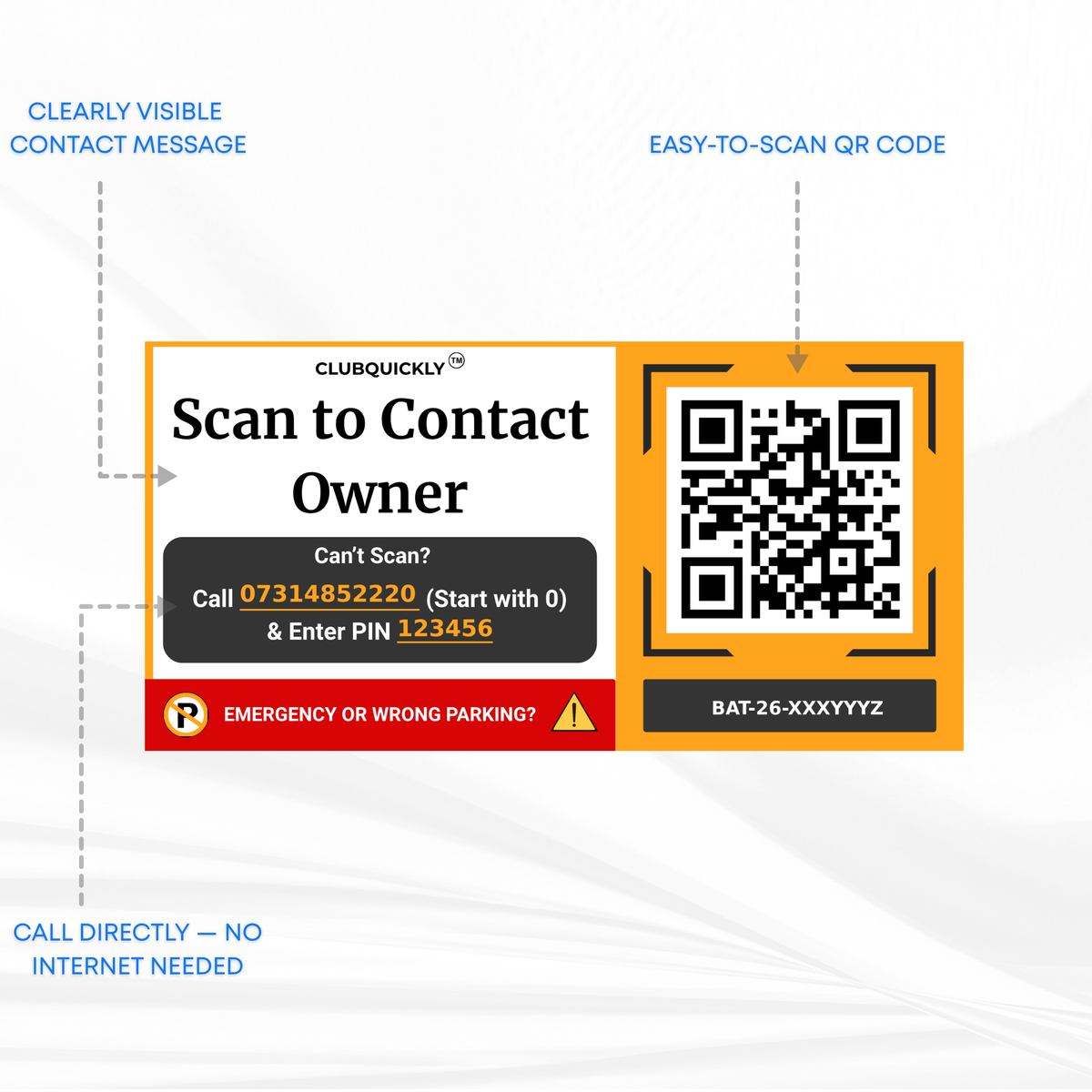 ClubQuickly Smart QR Code - Car Parking Sticker - Instant Contact Without Sharing Number - Emergency Contact Display