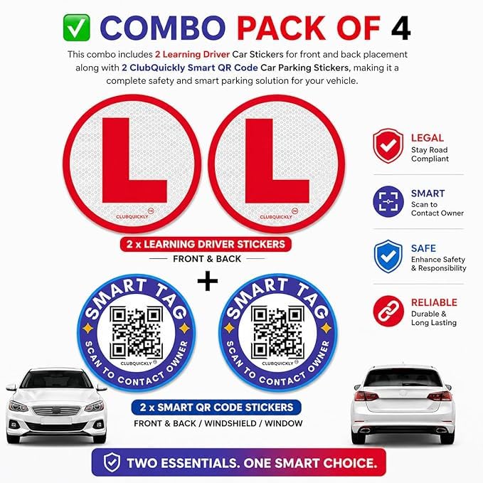 ClubQuickly Learning Driver - Smart Sticker Car QR Code Sticker - Number Hidden, Scan to Call or WhatsApp Owner, Masked Contact, Waterproof, Parking & Emergency Tag