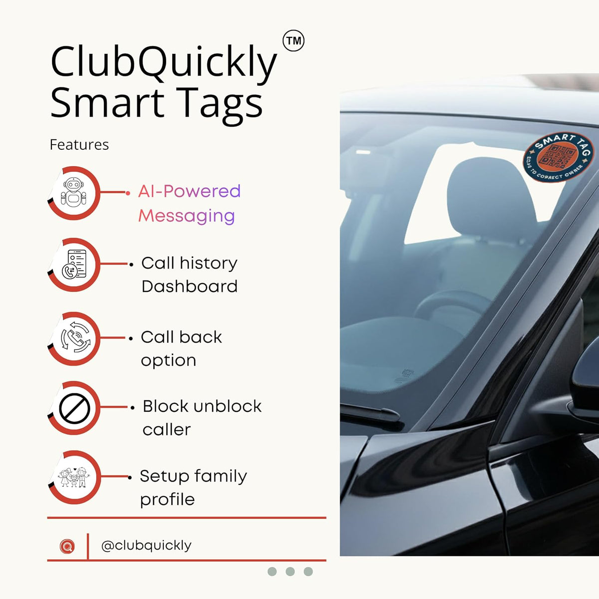 ClubQuickly Emergency - Blue Black Car QR Code Sticker - Number Hidden, Scan to Call or WhatsApp Owner, Masked Contact, Waterproof, Parking & Emergency Tag