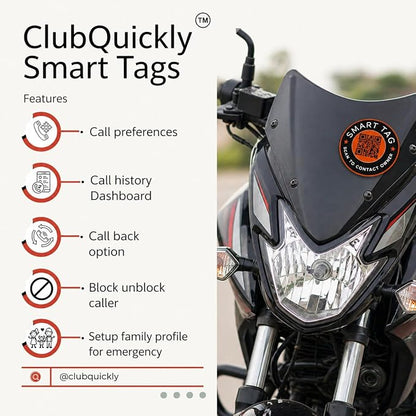 ClubQuickly Press - Bike Stickers Set - Smart QR Contact Sticker - Emergency & Parking Tag with OTP Secure Activation - Owner Contact & Phone Number Display - Privacy Protected