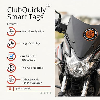ClubQuickly Press - Bike Stickers Set - Smart QR Contact Sticker - Emergency & Parking Tag with OTP Secure Activation - Owner Contact & Phone Number Display - Privacy Protected