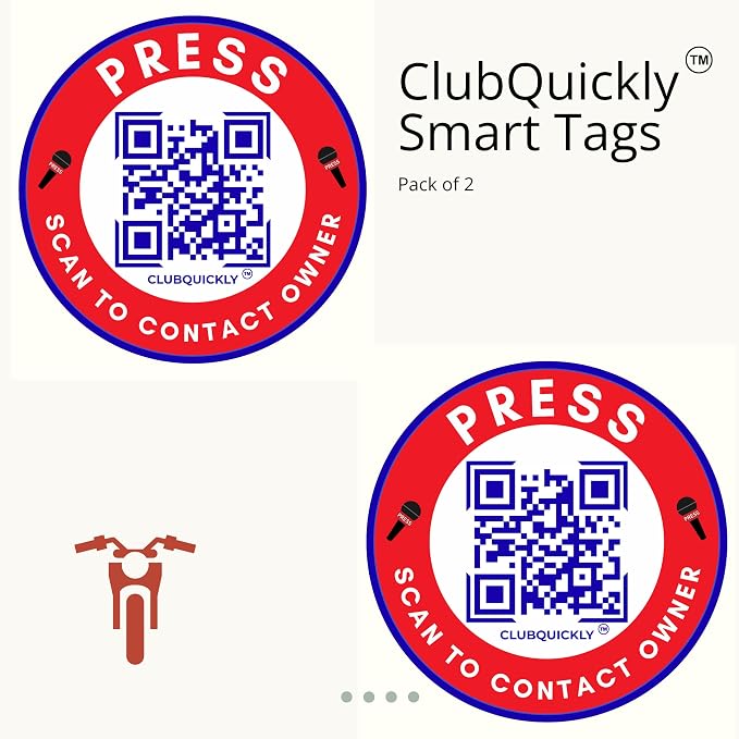 ClubQuickly Press - Bike Stickers Set - Smart QR Contact Sticker - Emergency & Parking Tag with OTP Secure Activation - Owner Contact & Phone Number Display - Privacy Protected